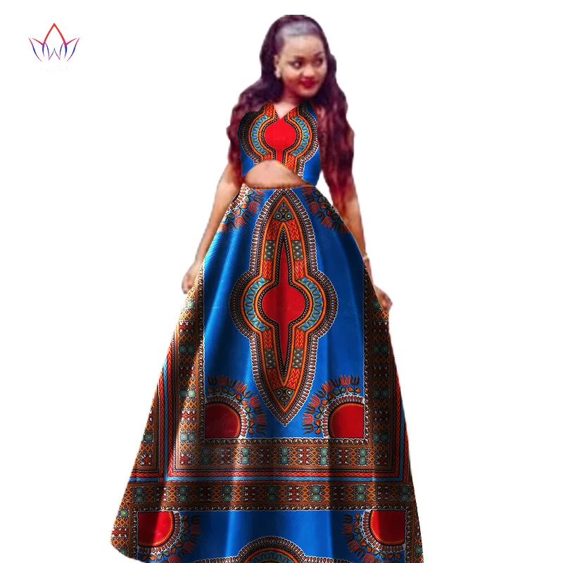 Африканские платья для женщин комплект из 2 предметов Дашики Дамская одежда с v-образным вырезом африканская одежда Анкара комплект: укороченный топ и юбка WY617