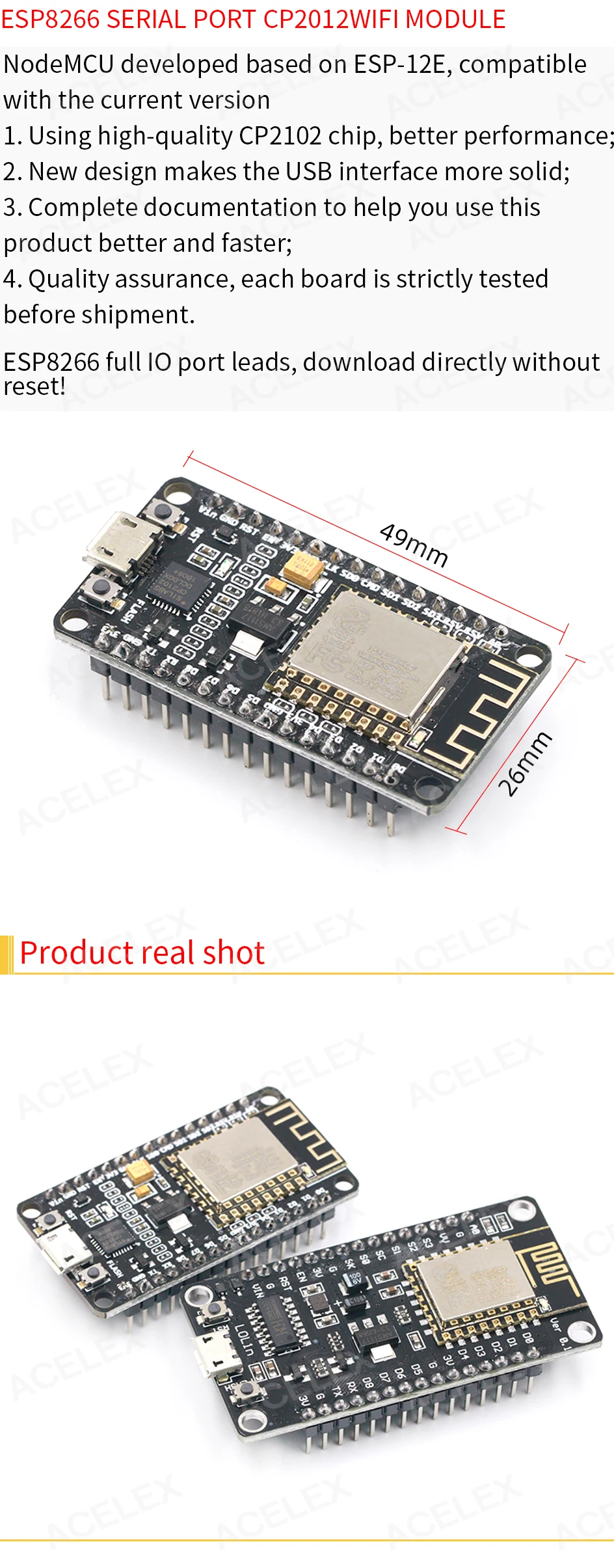 Carte Développement NodeMcu V2 ESP8266 Avec CP2102 - WiFi, GPIO, PWM, I2C - Compatible Arduino IDE - Pour Projets IoT (Internet Des Objets) - Lot De 2
