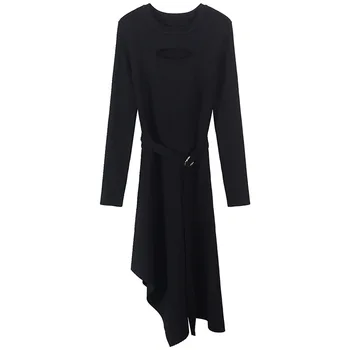 

2020 Sexy Asymmetrical Knitted Dresses Women Wrap Lace Up Hole Dress Female Sashes Elegant Autumn Office Ladies Vestido Belted