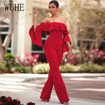 

WUHE Sexy Strapless Ruffles Jumpsuit Women Rompers Summer Bodysuit Off Shoulder Flare Sleeve Overalls Streetwear Playsuit