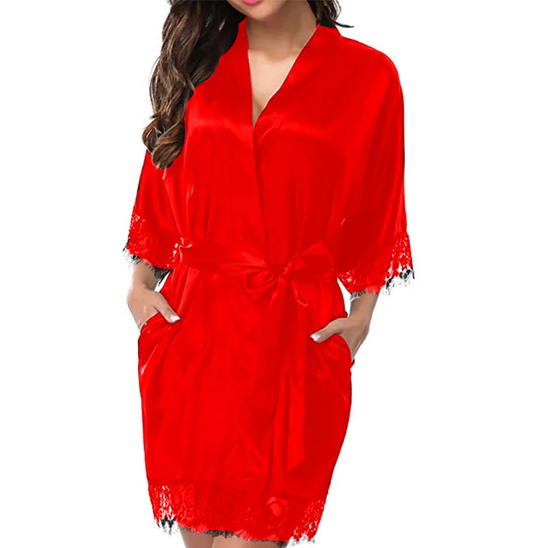 Новое горячее сексуальное женское белье размера плюс, атласное кружевное черное кимоно, интимная одежда для сна, халат, сексуальное ночное платье, женское эротическое нижнее белье XXXL - Цвет: Red