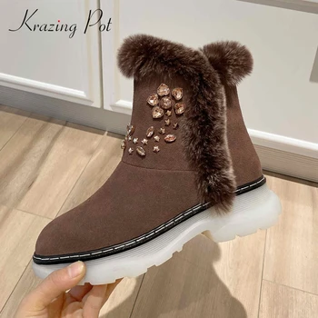

Krazing Pot hot sale snow boots cow suede european design sewing round toe thick high heel zipper superstar soft ankle boots L88