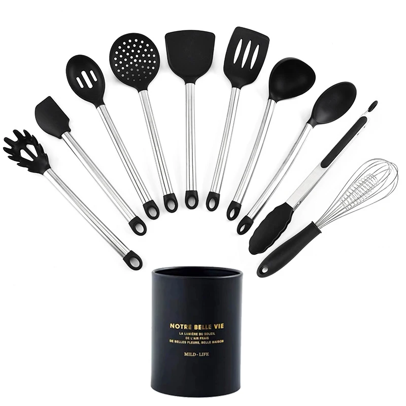 11-pcs kitchen set Новинка, для возраста от 9/13 шт. Кухня силиконовые инструменты для Пособия по кулинарии посуда с деревянной ручкой Кухня набор посуды из нержавеющей стальной ящик для хранения подарок - Цвет: 11-pcs kitchen set
