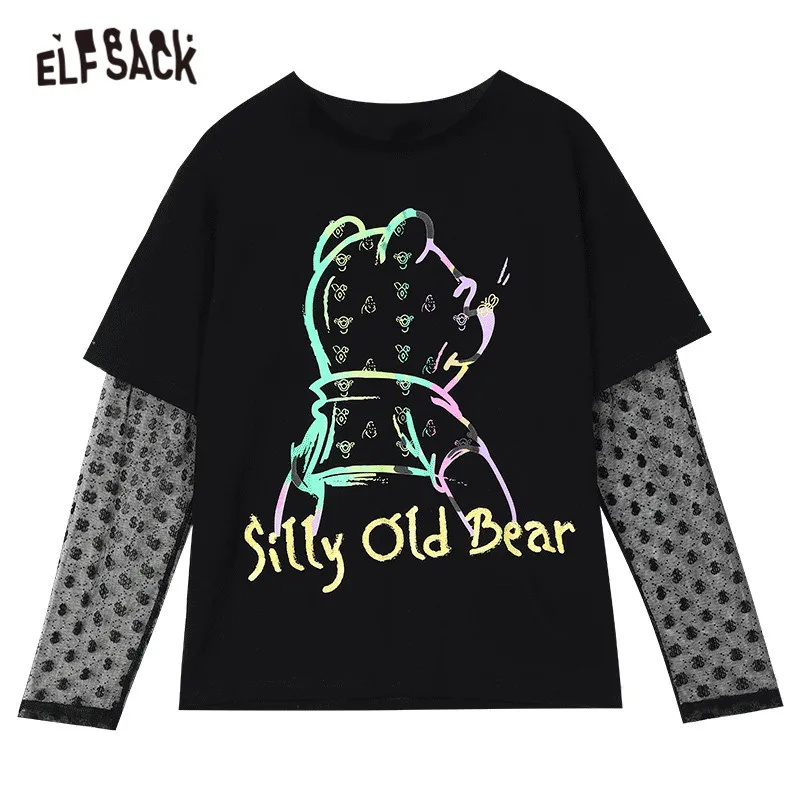ELFSACK Harajuku Black Graphic Print Casual Women