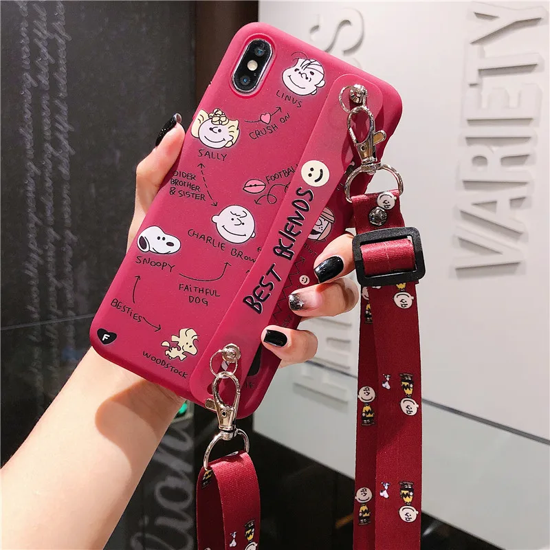Милый мультяшный парный чехол для телефона для iphone 6, 6s, 8, 7 plus, X, XS, MAX, XR, TPU, мягкий ремешок на запястье, кронштейн, задняя крышка, Капа