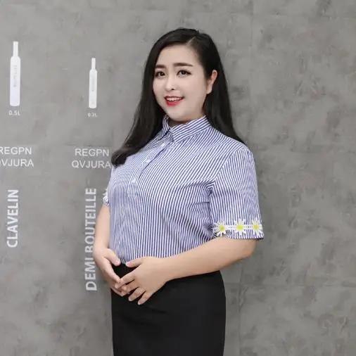 Ropa Women Blouses Women Office Wear Elegant Flowers Appliques Striped Short Sleeve Retro Shirts Plus Size 2XL-9XL M806