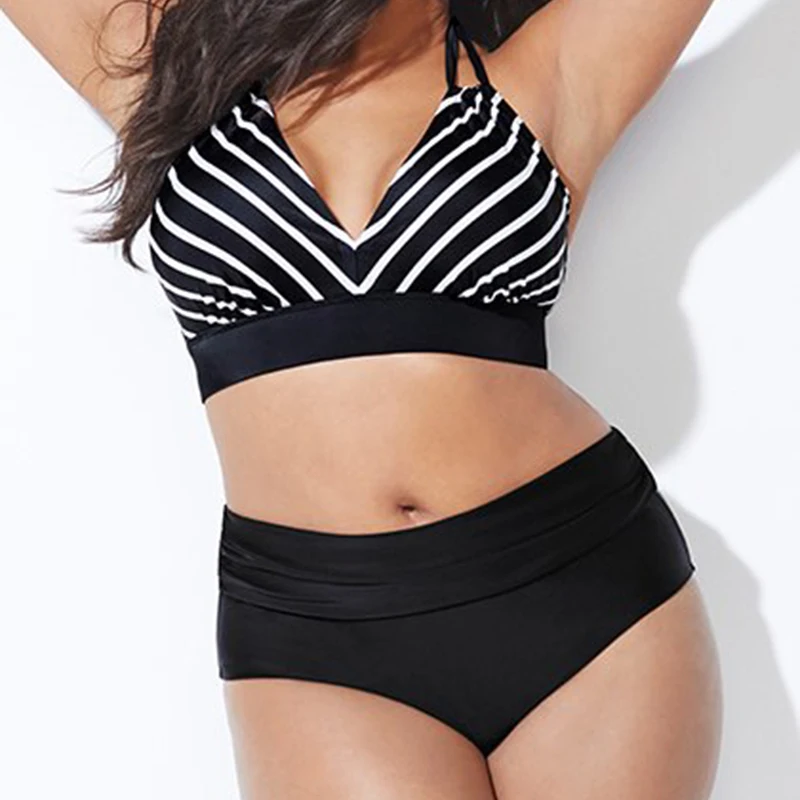 2020 Stripe Woman Plus Size Swimsuit Separate Women's Backless Deep V Bathing Suit Big Swimming Bather Female Bandage Swimwear
