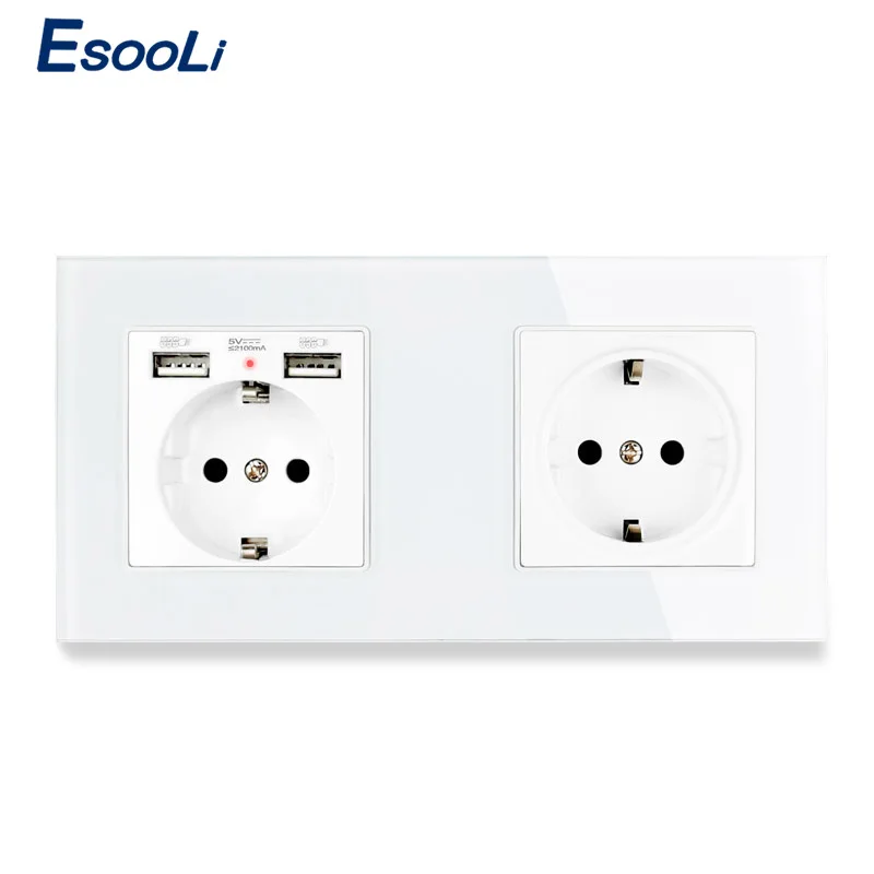 Esooli 2 банда Россия Испания настенная розетка стандарта ЕС Хрустальная стеклянная панель с 2 USB зарядным портом скрытый мягкий светодиодный индикатор