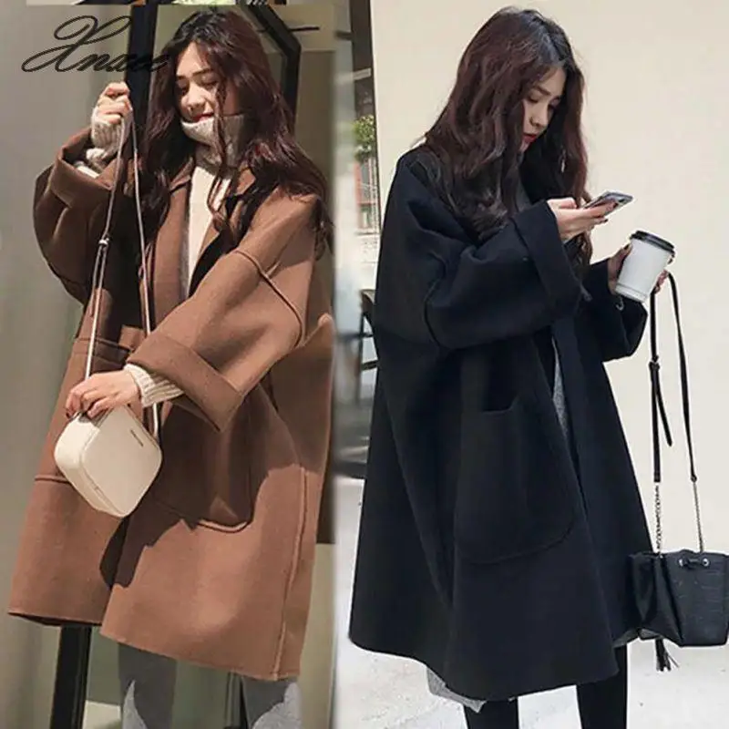 

2019 Women Oversized Woolen Long Coats Woman Wool Coat High Quality Winter Jacket Cardigan Jackets Elegant Xnxee