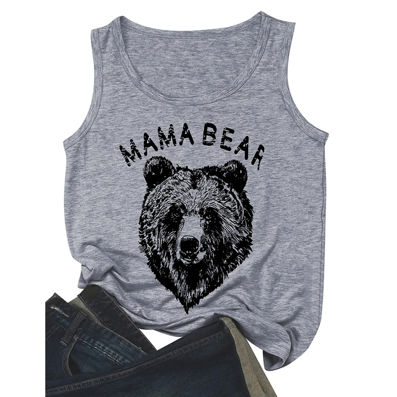 Майка с надписью «MAMA BEAR», женская одежда, забавные майки с изображением головы медведя, топы с u-образным вырезом, без рукавов, готический стиль, сексуальные женские майки