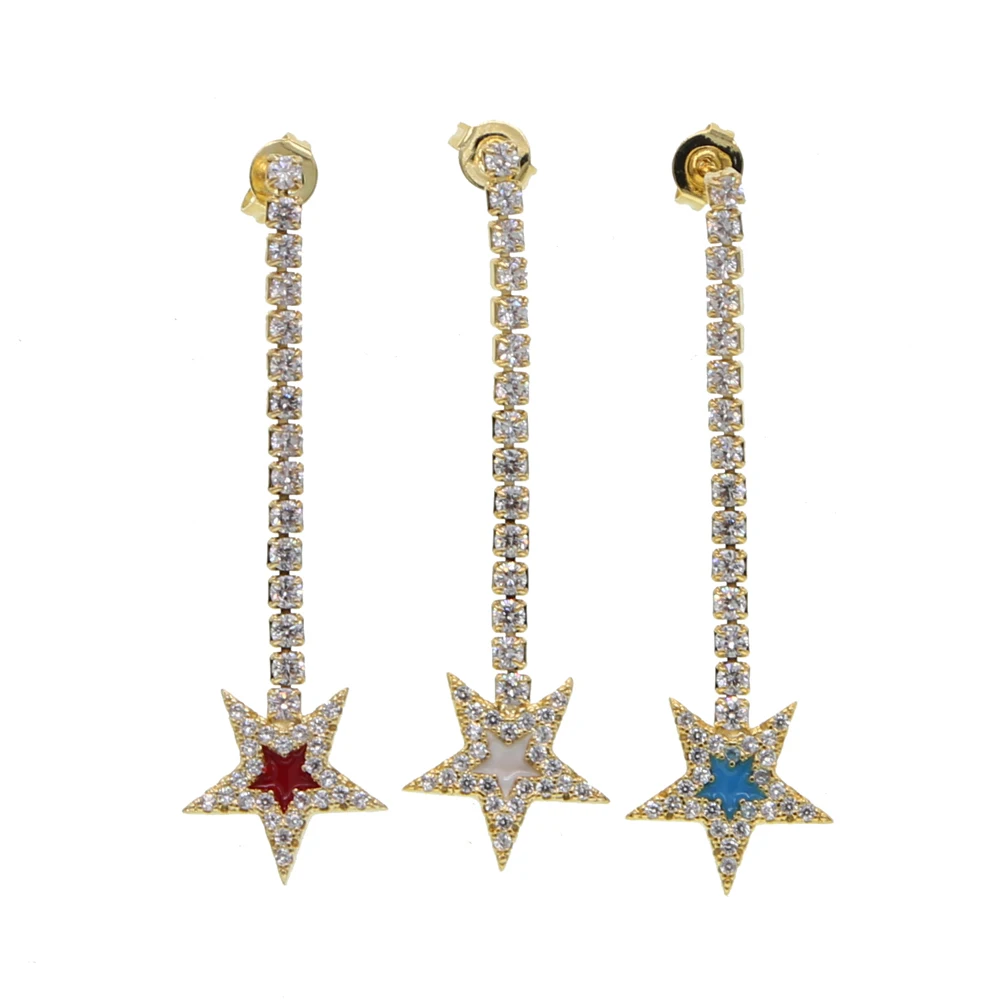 Enamel star charm rainbow white red blue CZ tennis chain Dangle earring for women girl delicate wedding party jewelry gifts