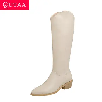 

QUTAA 2021 Pointed Toe Knee High Boots Square High Heel Zipper Women Shoes Autumn Winter PU Leather Long Boots Big Size 34-43