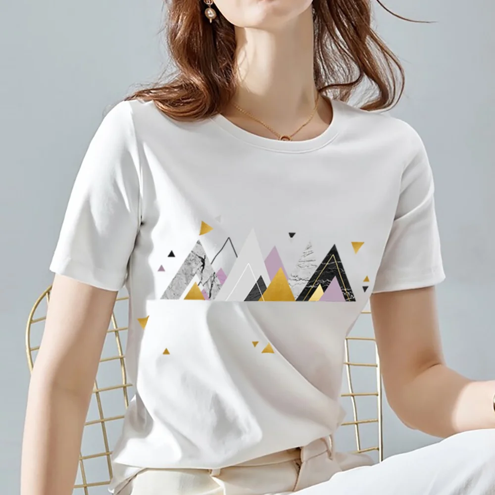 

Women's T-shirt Summer Fashion All-match White Printed T-shirt Aesthetic Geometric Pattern Series O-neck Ladies Short Sleeve Top