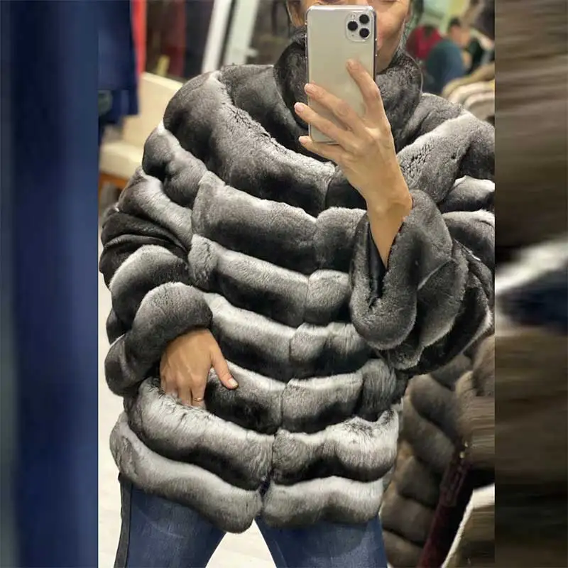 60cm long Шиншилла Шуба Короткая шуба из кролика Рекс натуральная Меховая куртка Полный Пелт мех Шиншилла цветное пальто женское натуральное меховое пальто - Цвет: 60cm long