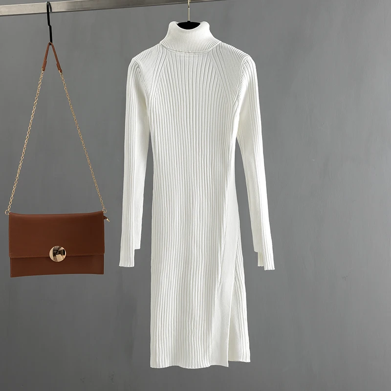 White YY3988 ONLYSVTER/Зимний толстый теплый длинный вязаный свитер Макси-Платье, пуловер с высоким воротом, платье миди, облегающее платье для вечеринок - Цвет: White YY3988