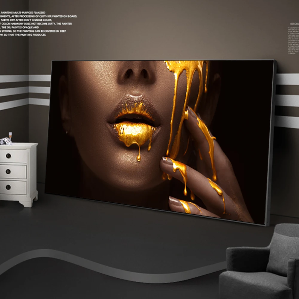 Large African Woman Face Canvas Art Posters And Prints Golden Sexy Lips Canvas Paintings On The Wall Art Picture For Living Room Painting Calligraphy Aliexpress