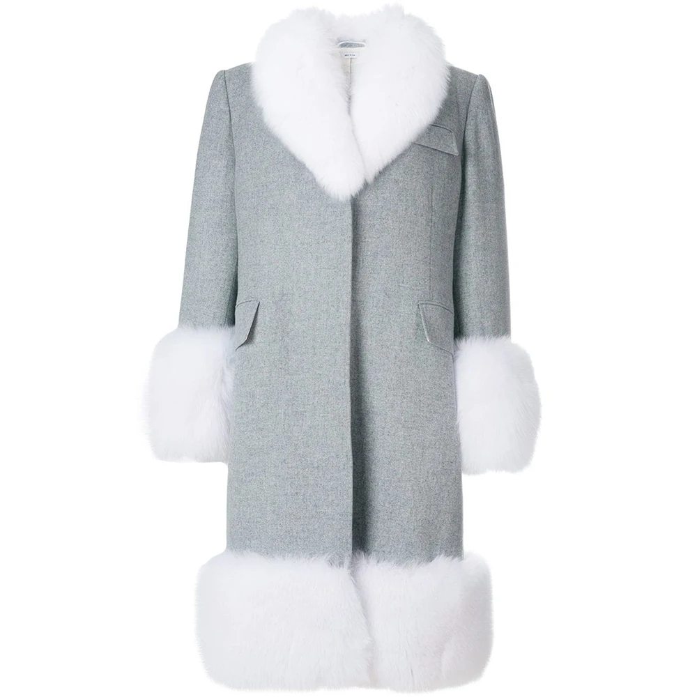 new Fashion Wool Blend large Coat Jacket With Natural white fox Fur Collar Genuine Leather Women Coats Luxury Winter