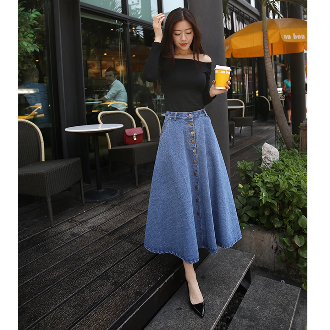 Элегантные женские джинсовые юбки 2019 винтажные осенние с высокой талией