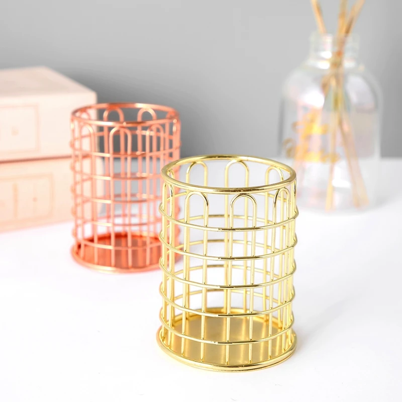 Rose Gold Wrought Iron Pen Holder Cosmetic Makeup Brush Organizer Office Home Desk Stationery Decor Office Accessories