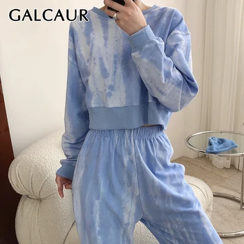 

GALCAUR Casual Tie Dye Short Tops For Women O Neck Long Sleeve High Waist Loose Sweatshirt Female 2020 Autumn Fashion New Tide