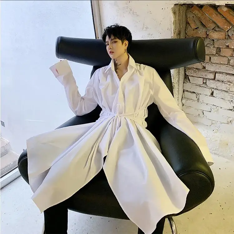 SHENGYUJIN Yamamoto style dark super long tether waist white shirt irregular loose elegant small shirt coat fashion men's shirt