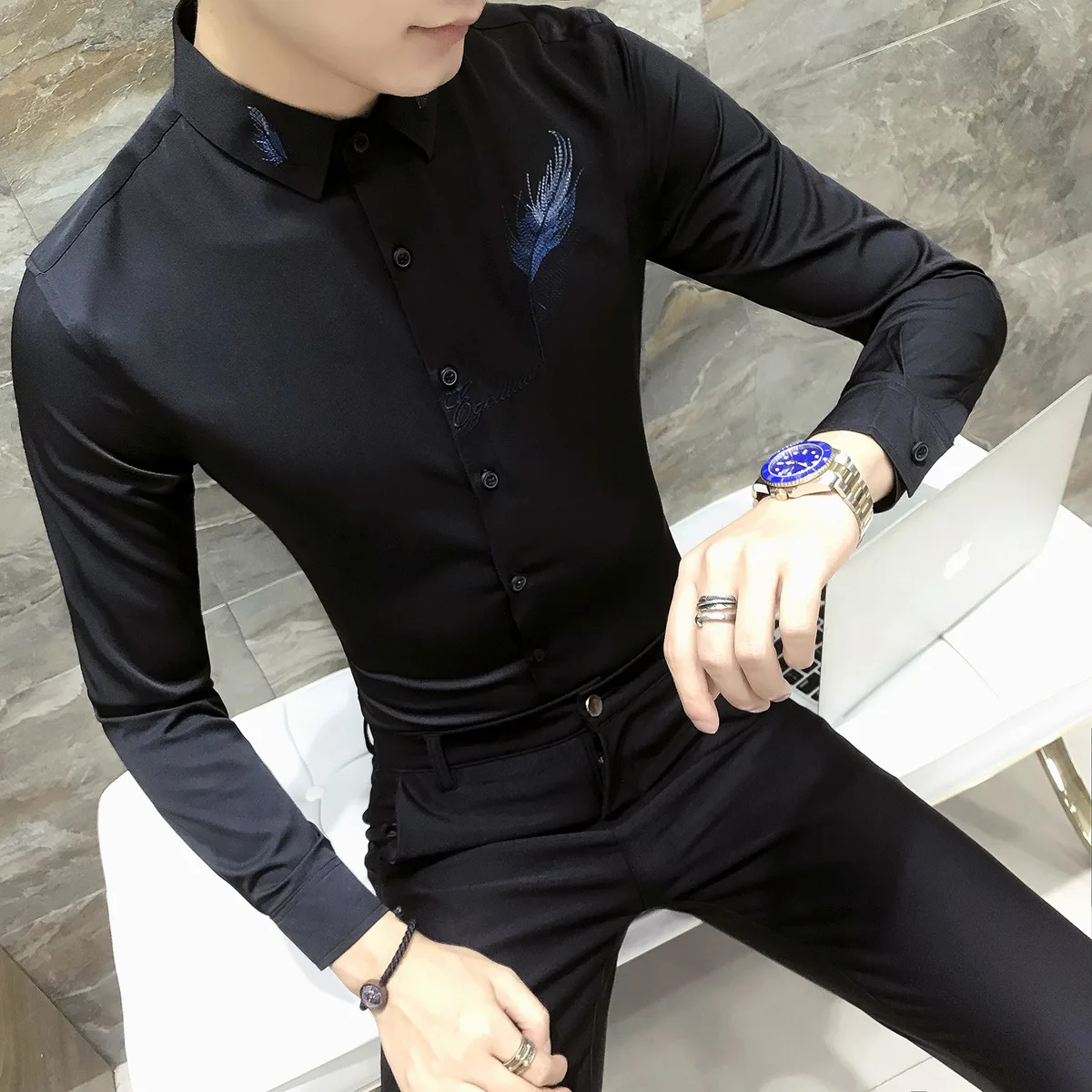 Модные мужские вечерние рубашки с длинным рукавом Camisa Social Masculina черно белые