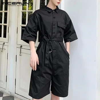 

INCERUN Fashion Men Romper Solid Half Sleeve Lapel Loose Streetwear Jumpsuit Casual Punk Style Trousers Men Cargo Overalls S-5XL