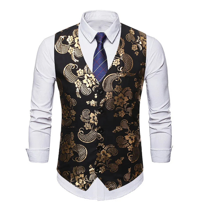 black Mens Suit Vest Luxury Gold Paisley Floral Sleeveless Vest Waistcoat Men DJ Club Party Wedding Groom Vests Chaleco Hombre - Цвет: black