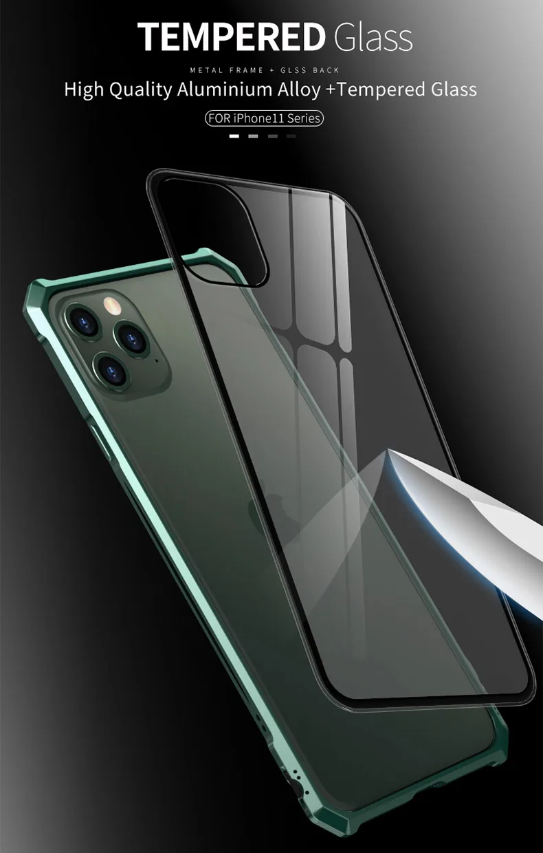 Роскошный Металлический стеклянный чехол для iphone 11 Pro MAX металлическая рамка прозрачная стеклянная задняя крышка для iphone 11 Pro противоударный Броня