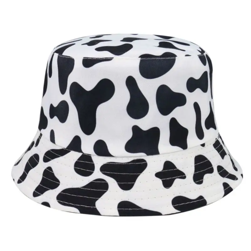 Japanese Unisex Summer Bucket Hat Black White Dairy Cow Print Personality Outdoor Sunscreen Reversible Fisherman Cap