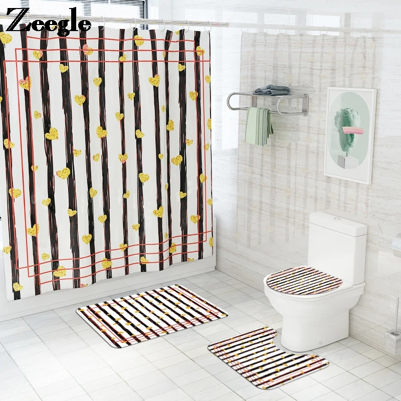 Small Love Pattern Bath Mat Waterproof Shower Curtain Set Non Slip Bathroom Floor Microfiber Rugs Absorbent Toilet Carpet Set
