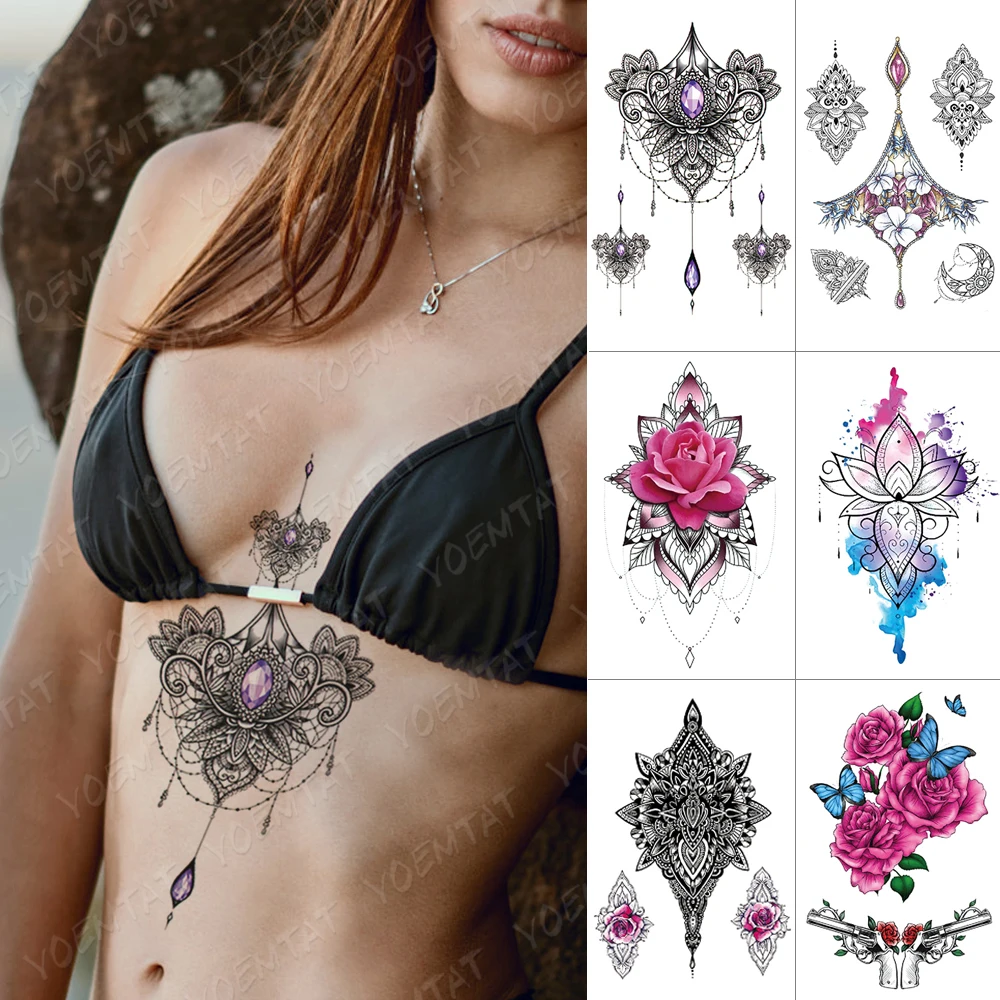 

Waterproof Temporary Tattoo Sticker Gun Flower Butterfly Lotus Peony Flash Tattoos Lace Henna Body Art Arm Fake Tatoo Women Men