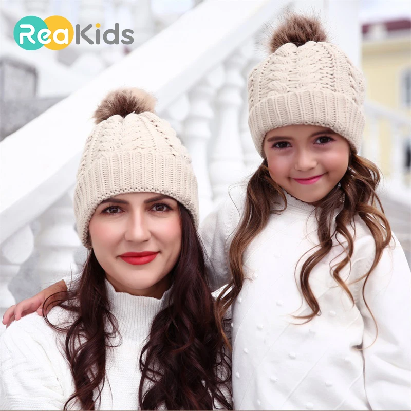 REAKIDS/ зимний родитель, детский головной убор, теплые шапки для взрослых и детей, детская зимняя кепка для женщин и мужчин, зимние вязаные шапки для девочки-мальчики