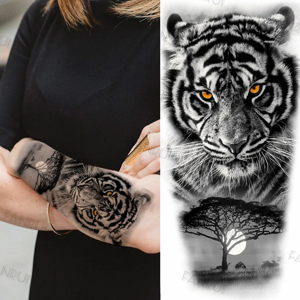 Black Gun Tattoos Sticker For Men Women Arm Art Temporary Tattoos Realistic Fake Flower Lion Tiger Tatoos Decal Cool Warrior DIY