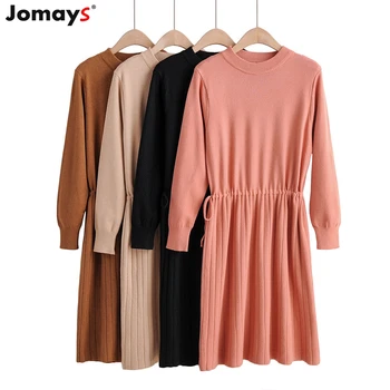 

Elegant Solid Kintted Dress O Neck Adjustable Drawstring Waist Autumn Winter Sweater Dresses Basic Femme Vestidos Vadim Casual