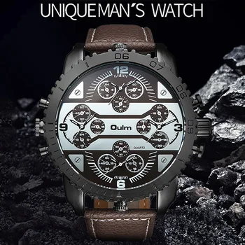 

OULM Sports Quartz Watch Men Big Dial Military Mens Watches Top Brand Luxury Leather Strap 4 Time Zone Fashion Casual Wristwatch