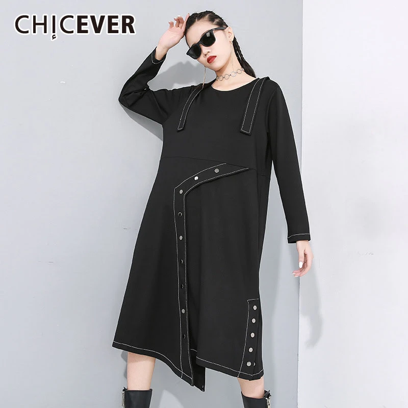 CHICEVER корейский стиль, лоскутные платья с заклепками для женщин, о-образный вырез, длинный рукав, негабаритное асимметричное платье миди для женщин, Весенняя модная одежда