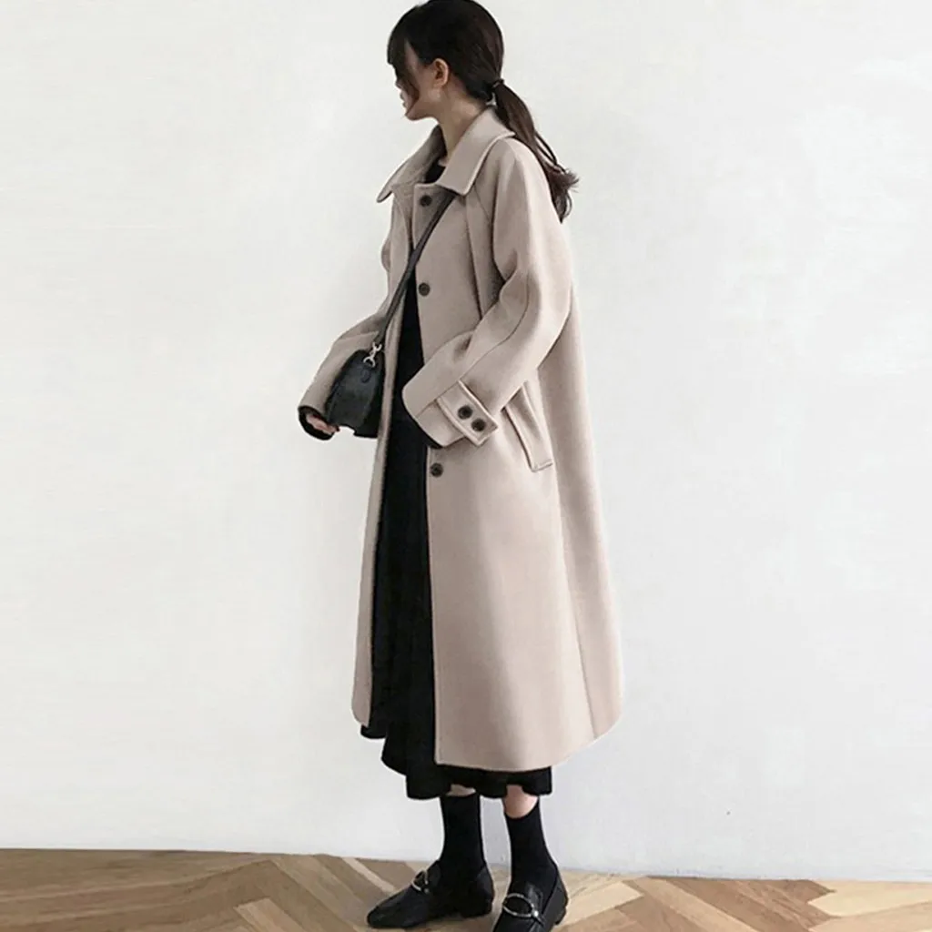 Women Winter Clothes Coat Work Solid Vintage Winter Office Long Sleeve Button Woolen Black Elegant Female Casual Coat Jacket