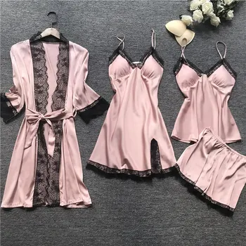 

2020 Women Pajamas Sets Satin Sleepwear Silk 4 Pieces Nightwear Pyjama Spaghetti Strap Lace Sleep Lounge Pijama With Chest Pads