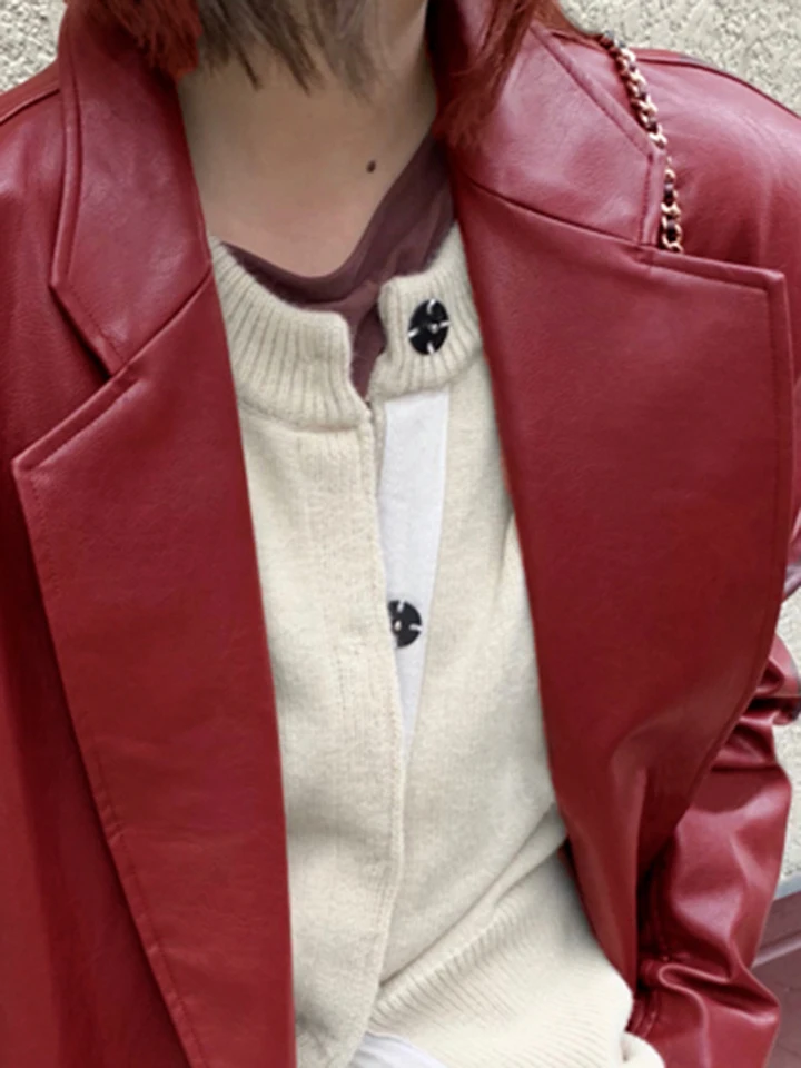 Lautaro-女性用ワインレッドレザートレンチコート、長袖、ラペル