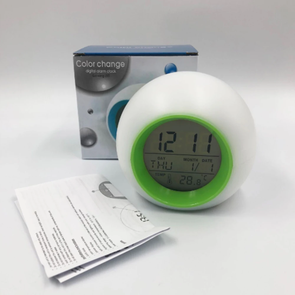 7 Colors Changing LED Display Timer Digital Round Alarm Clock Temperature 