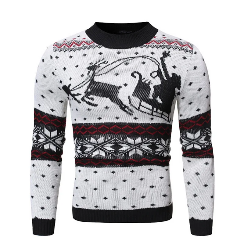 Style-1 white Мужской осенне-зимний Повседневный свитер с принтом оленя, Рождественский пуловер с круглым вырезом, облегающий вязаный свитер, джемпер, мужская одежда - Цвет: Style-1 white