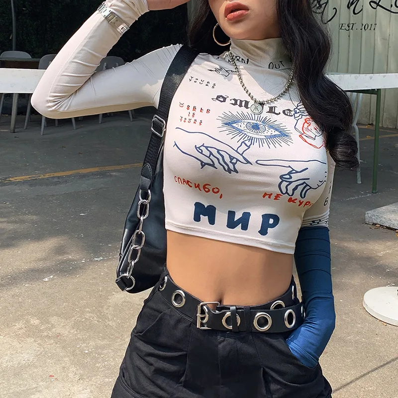 

Hot Tight Long Sleeve Crop Tops New Cool Streetwear Women's half Turtleneck Letter Printed Slim Navel T-shirt