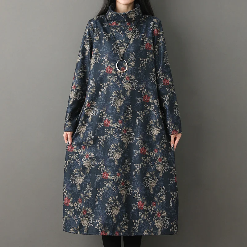 

Uego 2019 New Arrival Thicken Fleece Warn Winter Dress Turtleneck Print Floral Woolen Dress Plus Size Loose Women Casual Dress