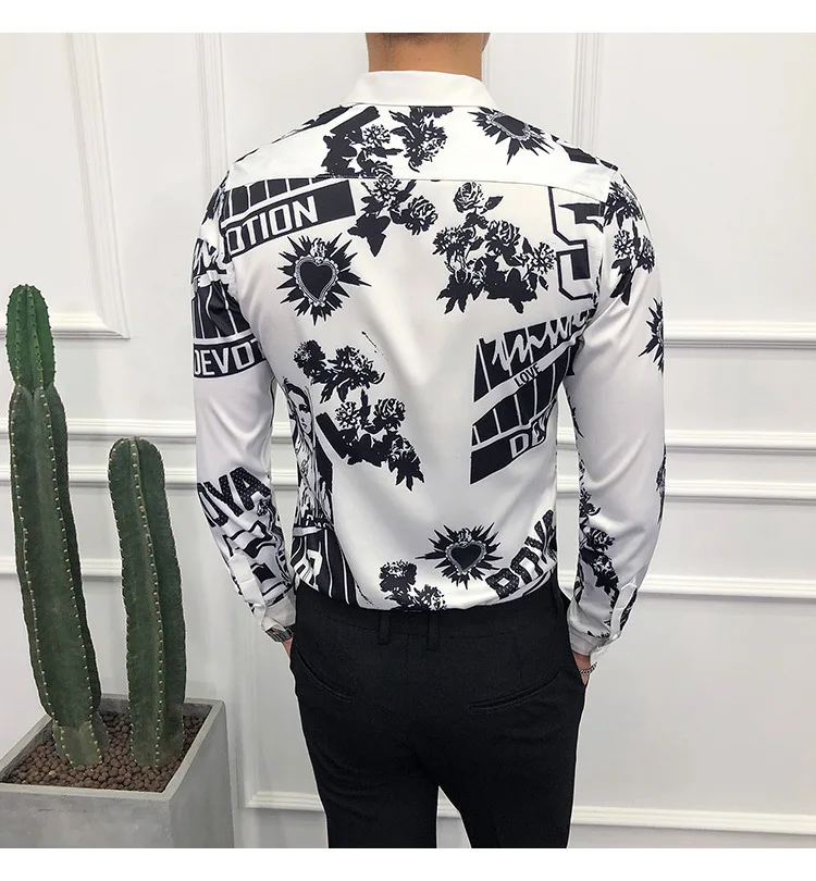 Брендовая Осенняя мужская рубашка Mary с принтом, рубашки с длинным рукавом, деловые повседневные облегающие вечерние рубашки для клубов, рубашки Camisa Social Masculina