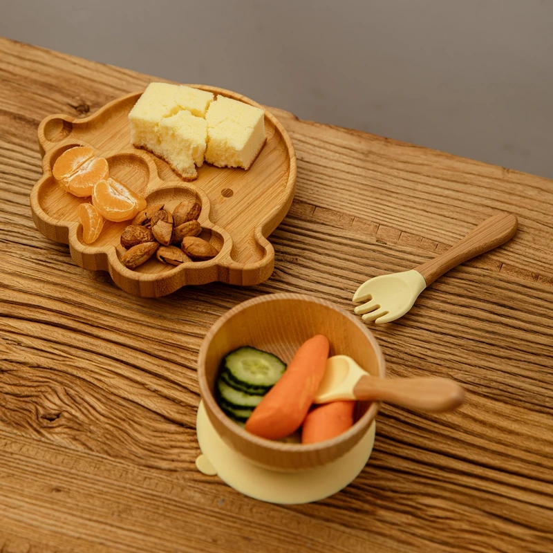 3pcs Baby Feeding Bowl Dinner Plate Kids Feeding Cartoon Tableware Bamboo Wood Non-slip Dinnerware Spoon Fork Set  Silicone Cup 5