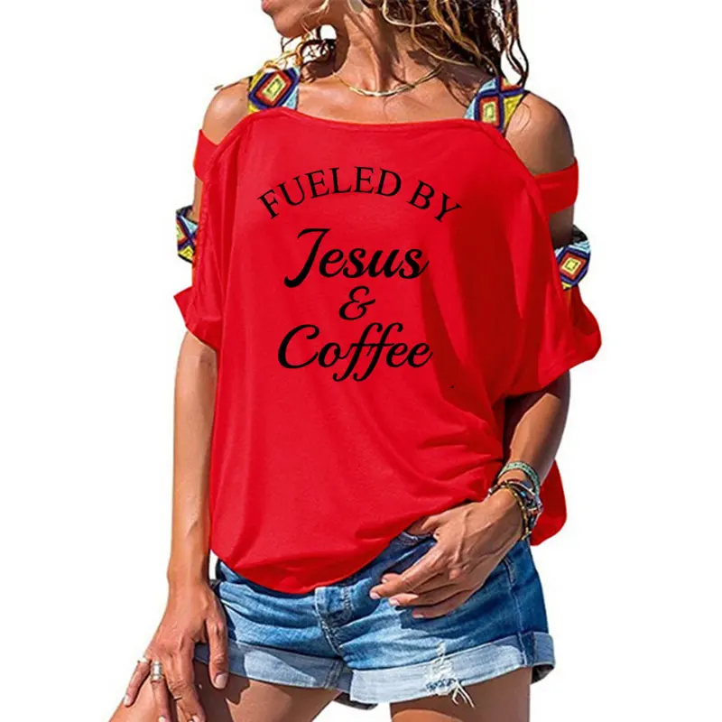 Fueled By Jesus& coffee Футболка женская Религиозная Христианская женская футболка с вырезами на плечах Мотивационная Библейская стих церковная футболка
