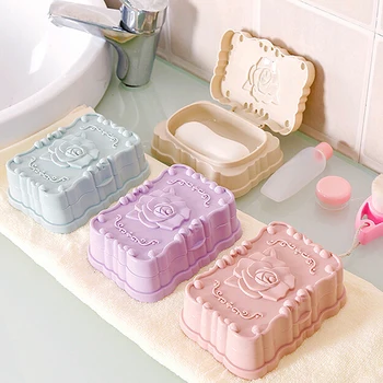

Rose carved Portable Soap Box Case Holder Container Wash Dust-proof Soap case Home Bathroom Accessories Soap Dish storage case