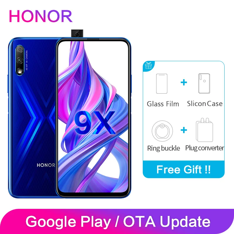 Honor 9X Поддержка Google Play 4 Гб 64 Гб 1080x2340P 6,59 дюймов FHD полный экран 48MP камеры 4000 мАч Восьмиядерный мобильный телефон Kirin 810