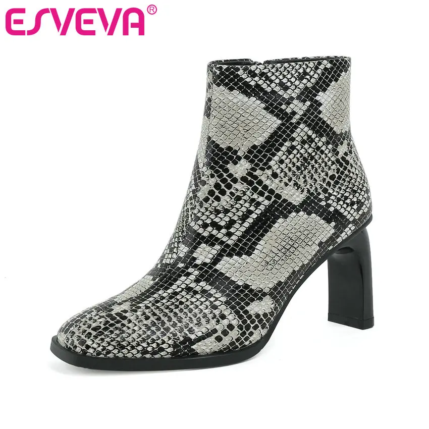 

ESVEVA 2020 Women Shoes Winter Ankle Boots Pointed Toe Leather+PU Snakeskin High Heel Scrub Motorcycle Platform Boot Size 34-43